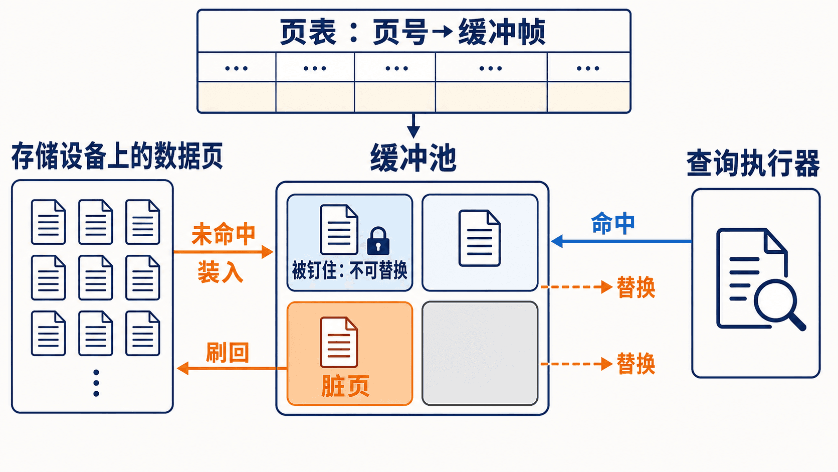 数据库缓冲池的命中装入脏页刷写钉住与替换流程
