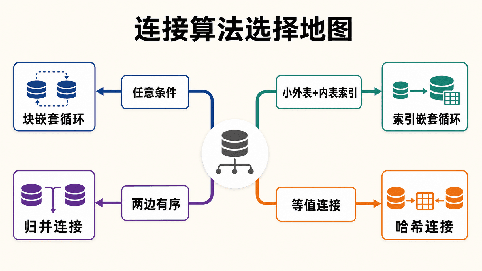 连接算法从嵌套循环到归并与哈希的选择地图