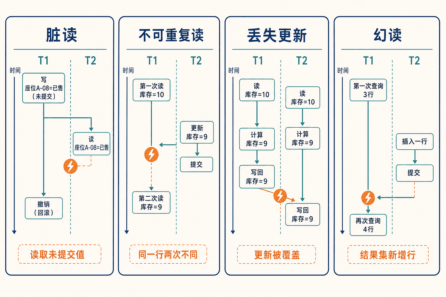 票务并发中的脏读、不可重复读、丢失更新与幻读