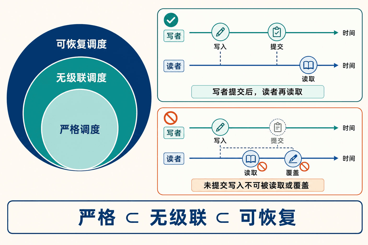 可恢复、无级联与严格调度的包含关系和时间线