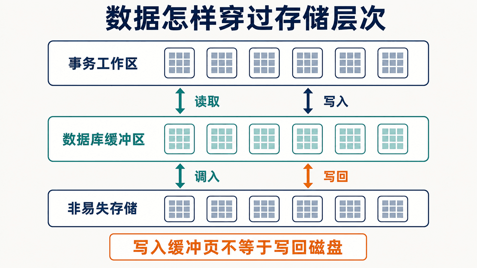 物理块、缓冲页与事务私有工作区的数据流