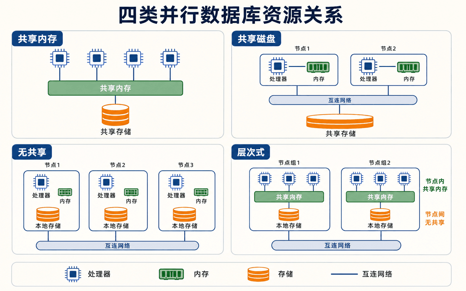 共享内存、共享磁盘、无共享与层次式数据库架构