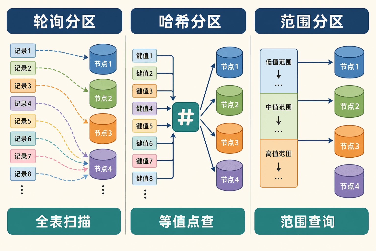 轮询、哈希和范围分区如何支持不同访问路径