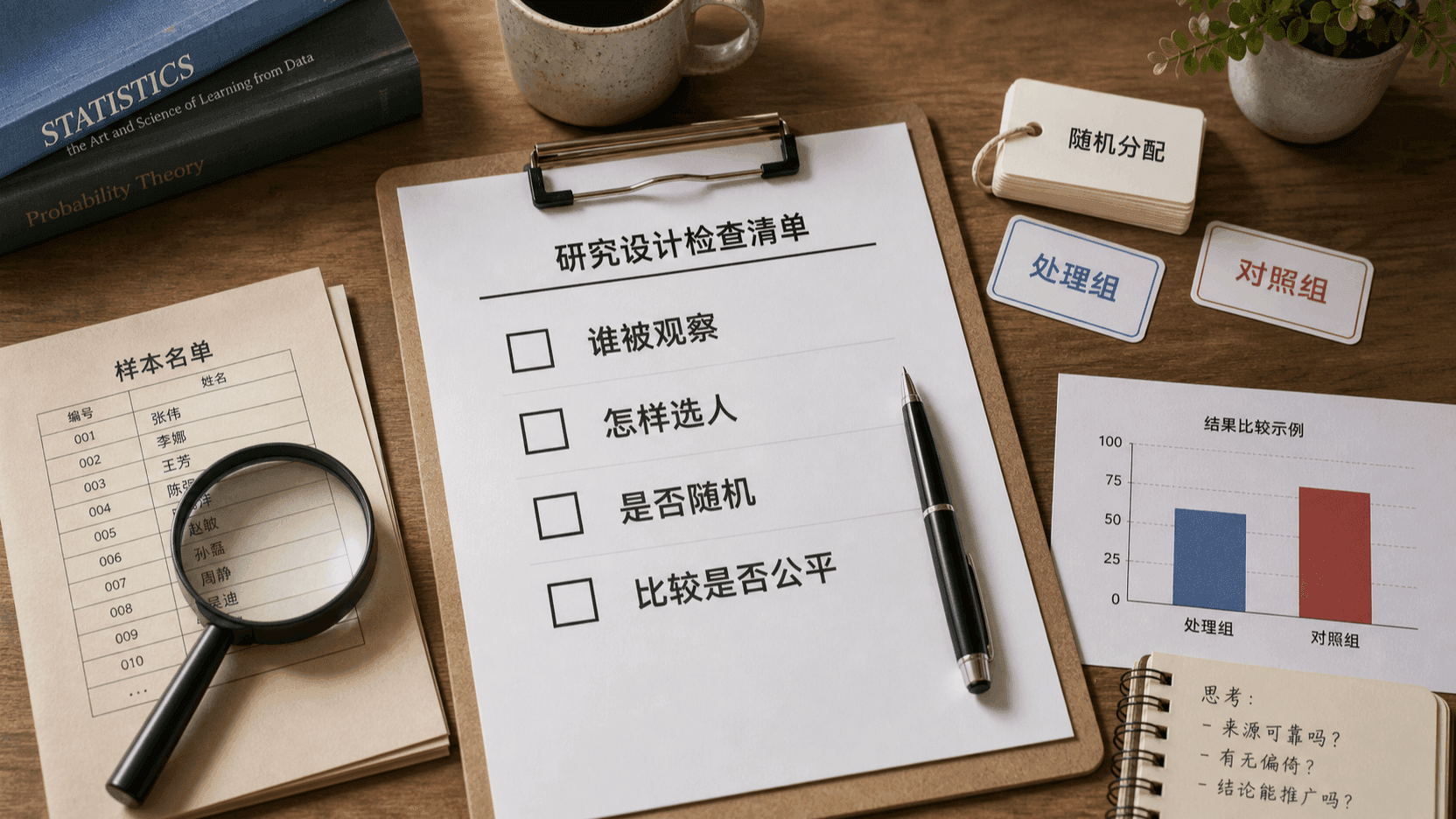 研究设计检查清单提醒先问谁被观察、怎样选人、是否随机和比较是否公平