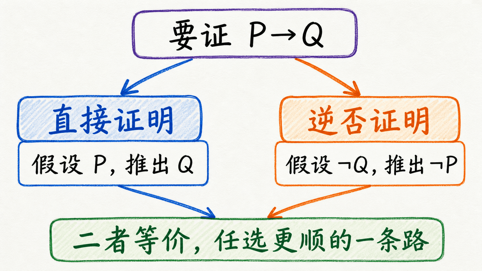 条件命题的两条证明路线,直接证明从 P 到 Q,逆否证明从非 Q 到非 P