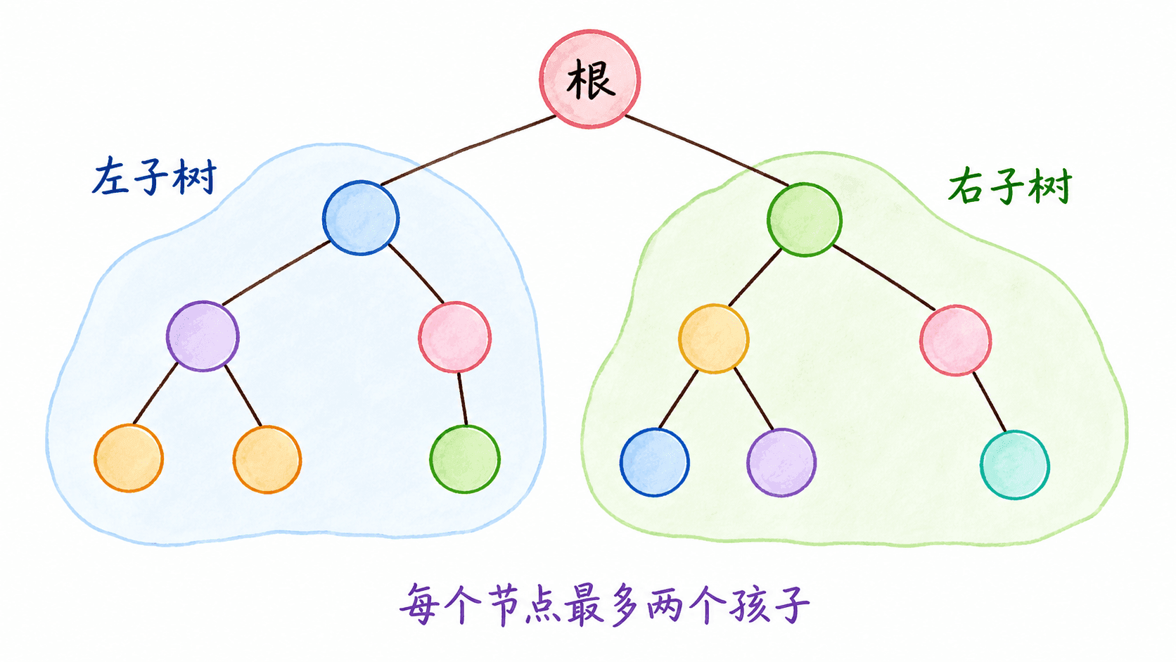 有序二叉树示意图,根的左右两侧分别圈出左子树和右子树,包含零个、一个和两个孩子的节点