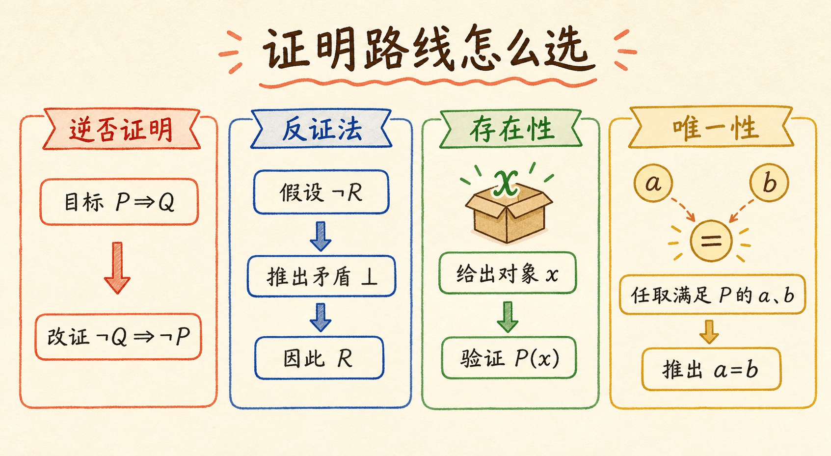 证明路线选择手绘图,分为逆否证明、反证法、存在性和唯一性四块,分别展示从目标到可操作证明任务的正确转换。