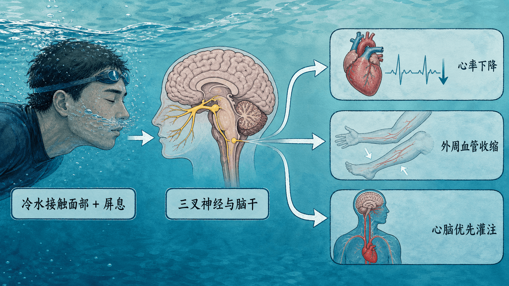 潜水反射:冷水面部刺激、心率下降和血流重分配