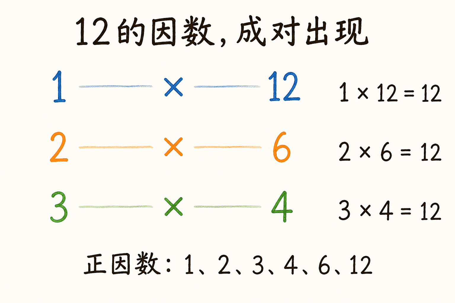 12的三个正因数对分别为1与12、2与6、3与4,各对乘积都是12。