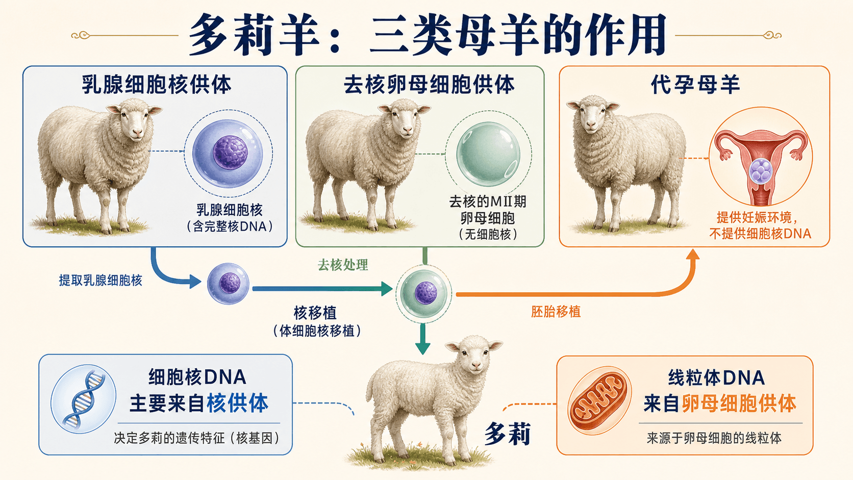 克隆羊多莉的遗传物质来源:供核母羊、卵母细胞供体与代孕母羊