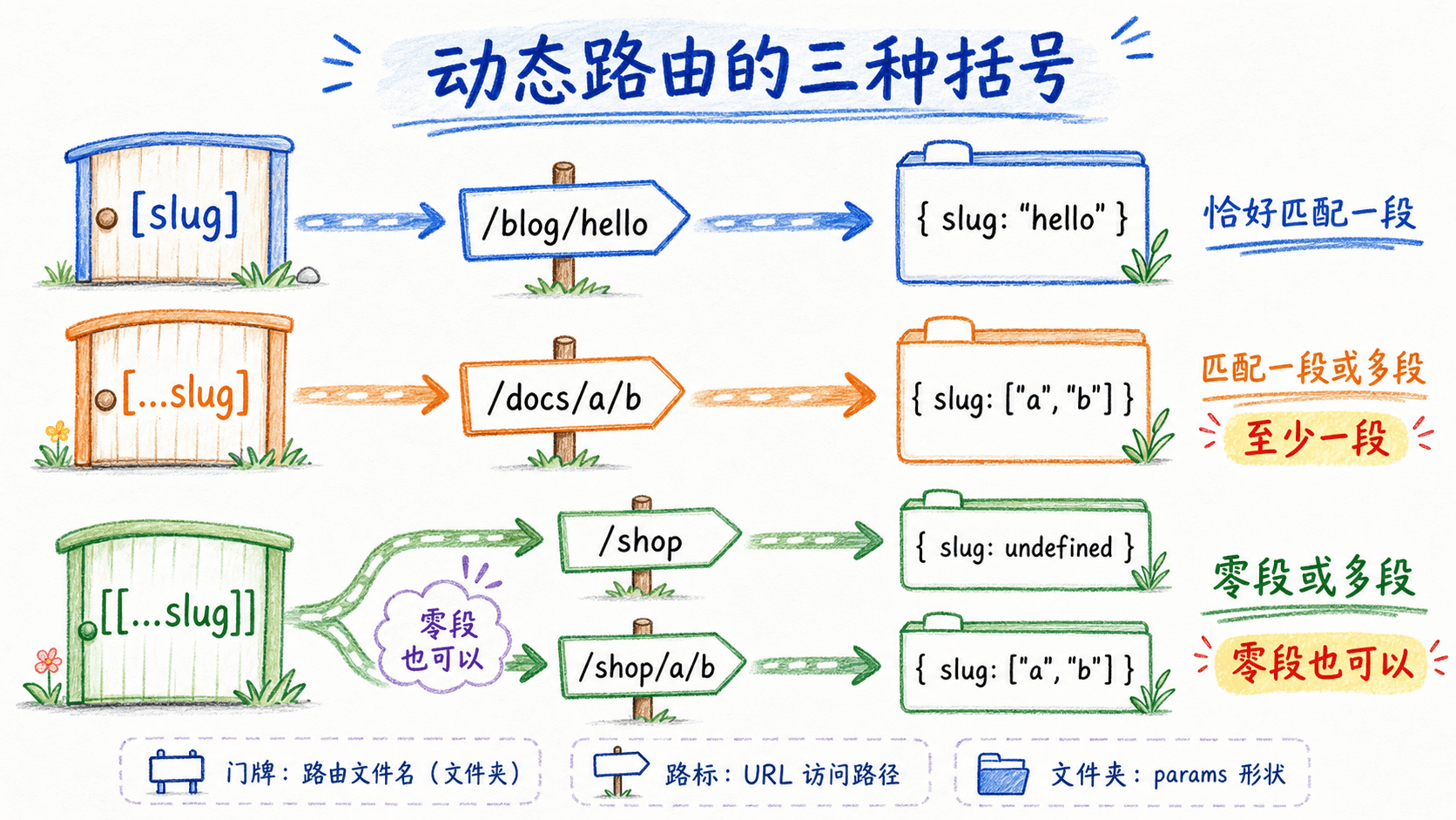 Next.js 动态路由三种括号对照图:单段、至少一段的 catch-all,以及允许零段的 optional catch-all
