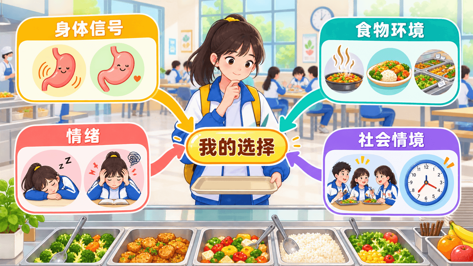 小澄在食堂中受到身体信号、食物环境、情绪和社会情境共同影响的信息图