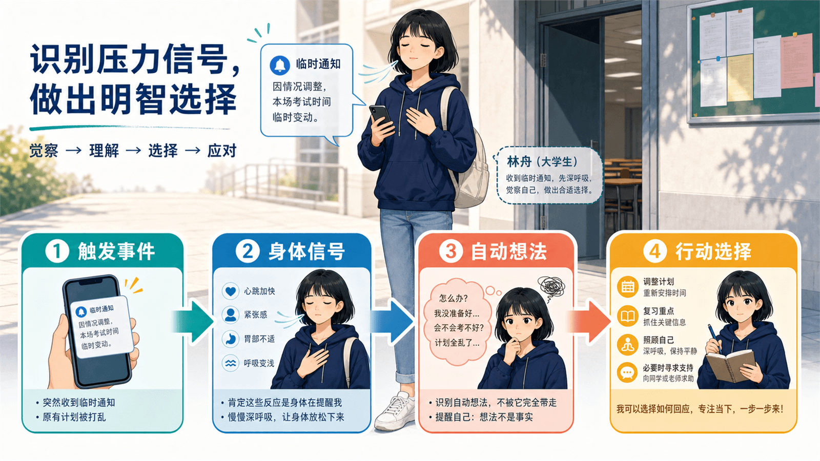 林舟在考试前焦虑时识别触发事件、身体信号、自动想法与行动选择的情绪链信息图