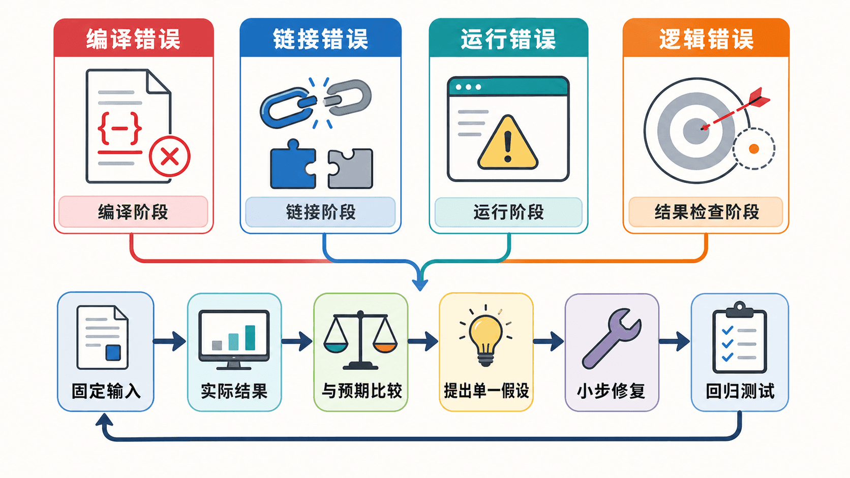 C++ 错误分类与测试闭环 C++ 编译错误、链接错误、运行错误与逻辑错误的分类,以及从固定输入到回归测试的排查闭环