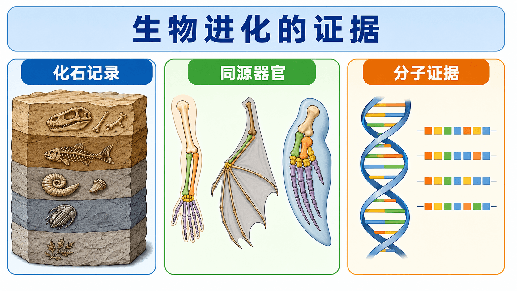 生物进化证据:化石、同源器官与分子证据共同指向共同祖先