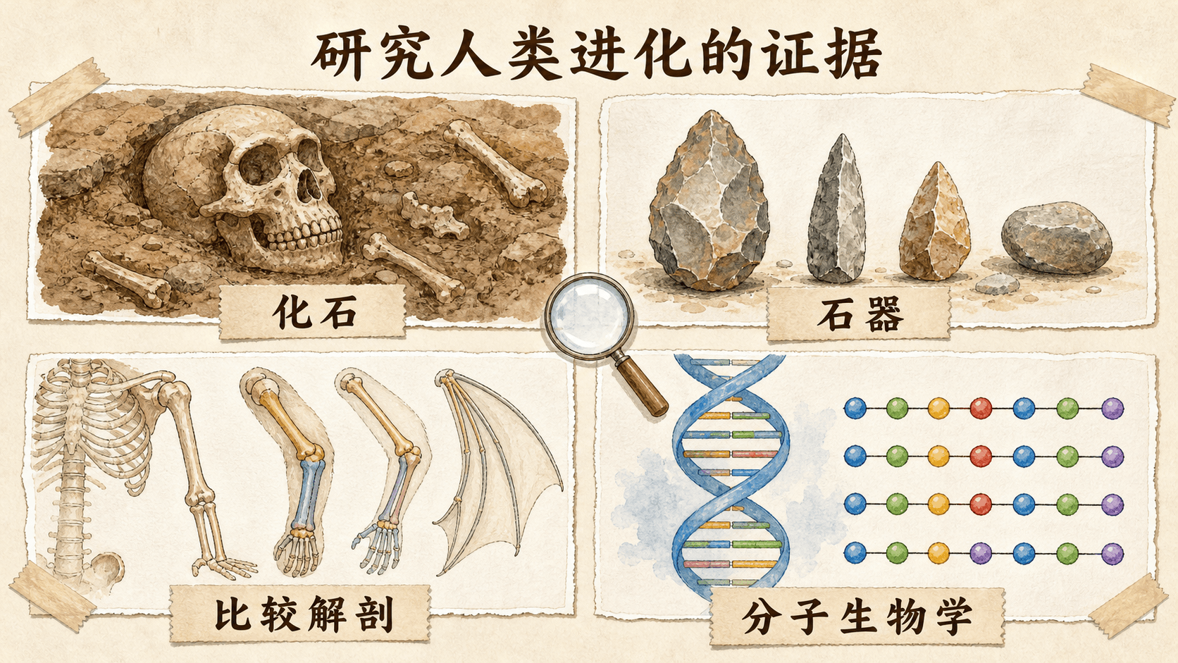 化石、比较解剖和分子生物学共同构成进化证据的拼贴图
