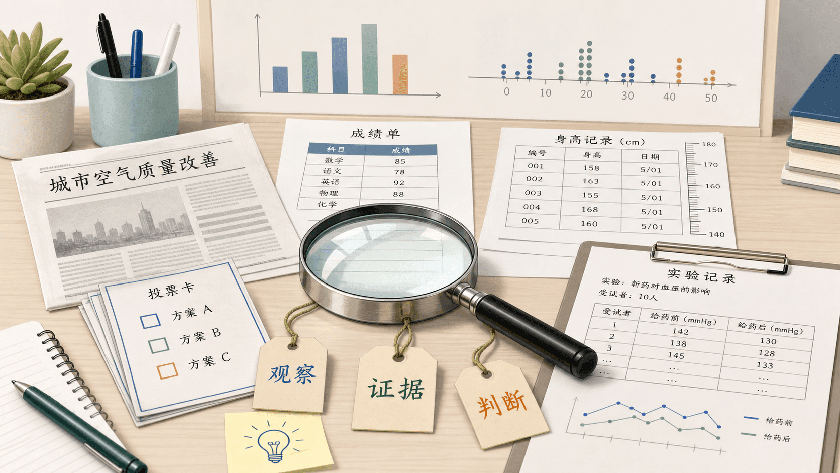 桌面上的新闻、成绩、身高、投票和医疗实验记录被放大镜作为证据查看