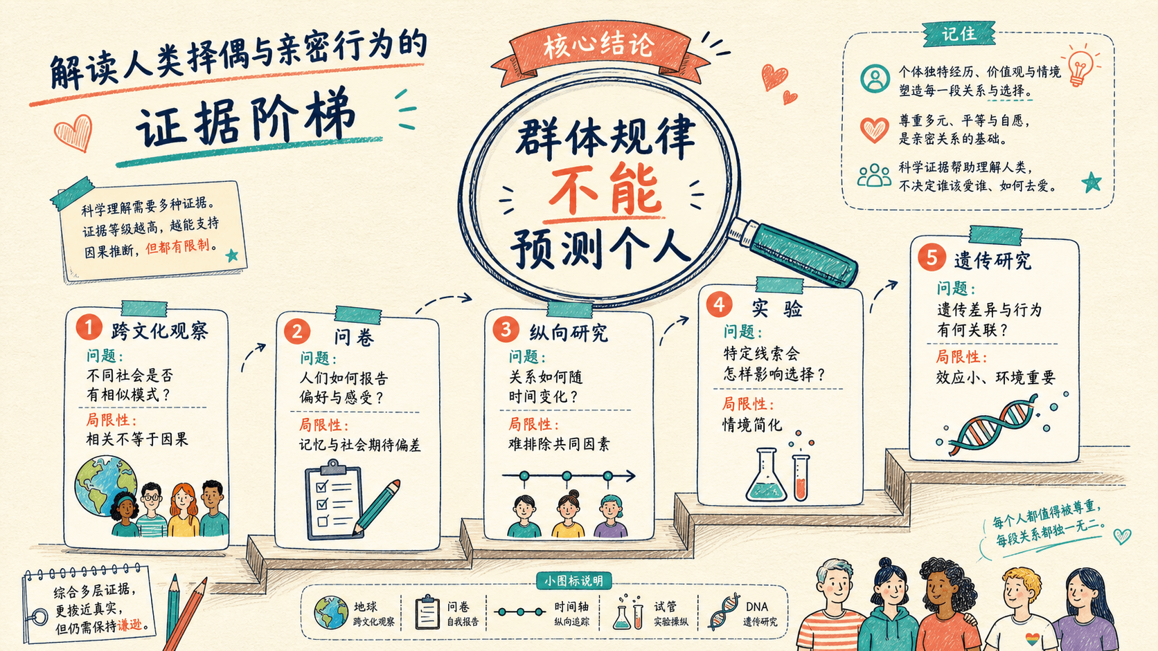 手绘生物信息图:从观察到实验和遗传研究的证据阶梯,强调群体规律不能预测个人