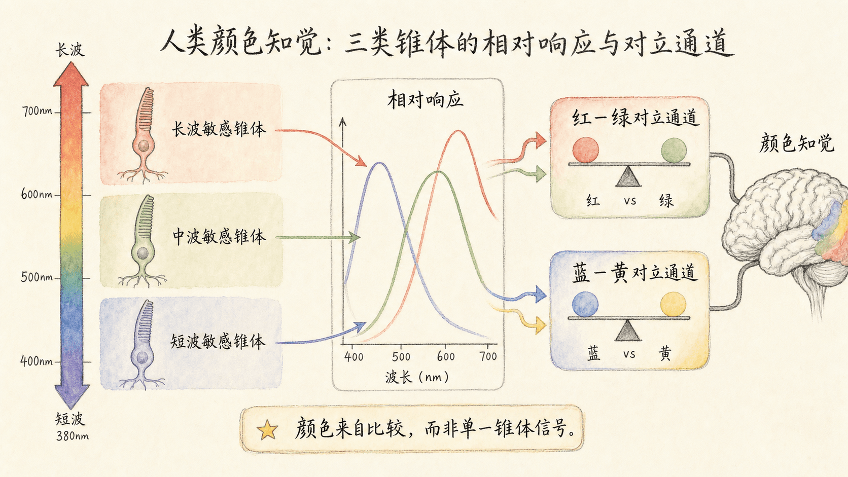 锥体相对响应与对立色通道示意图