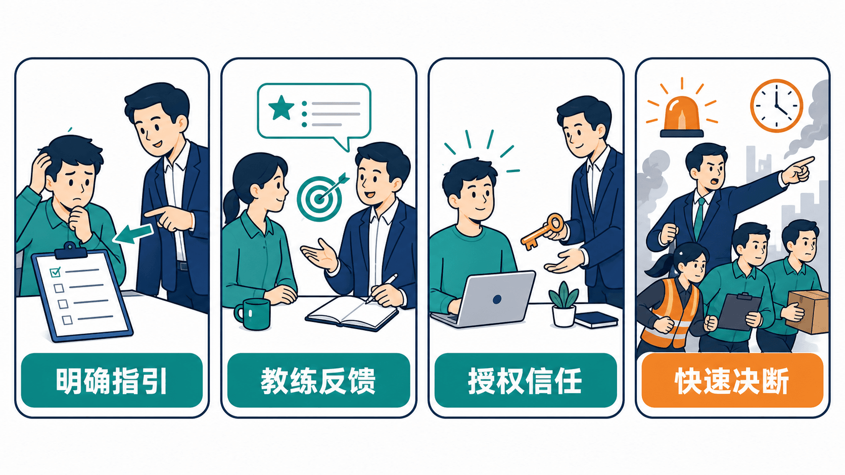 情境领导四种动作:针对新手明确指引、为能手提供教练反馈、向自主者授权信任,并在危机时快速决断
