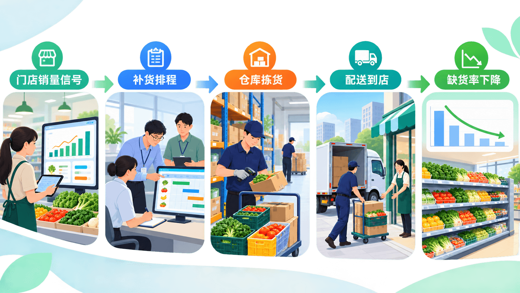门店自提业务履约链:销量信号、补货排程、仓库拣货、配送到店与缺货率变化