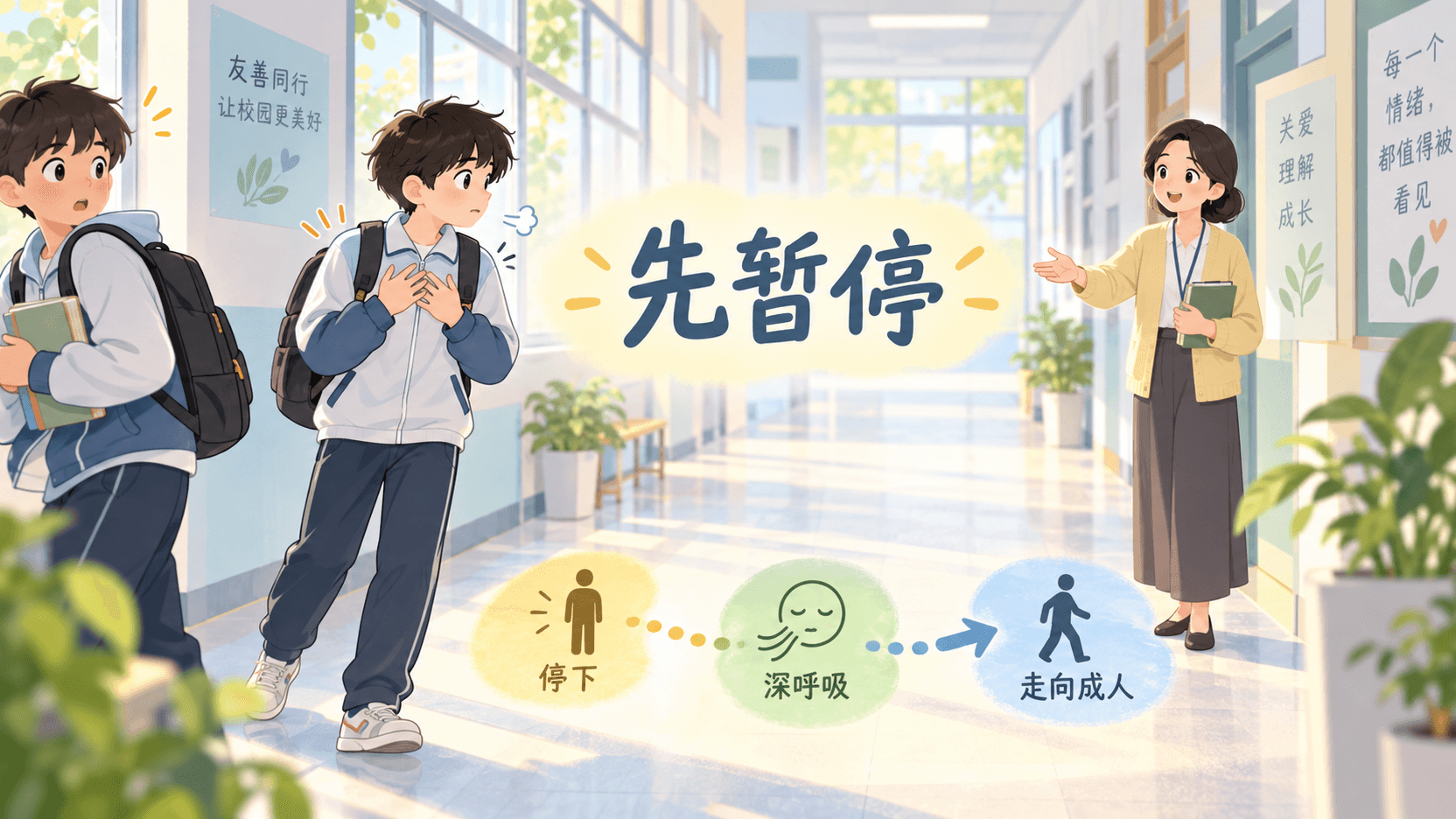 学生在校园冲突后先暂停调节并向可信成人求助