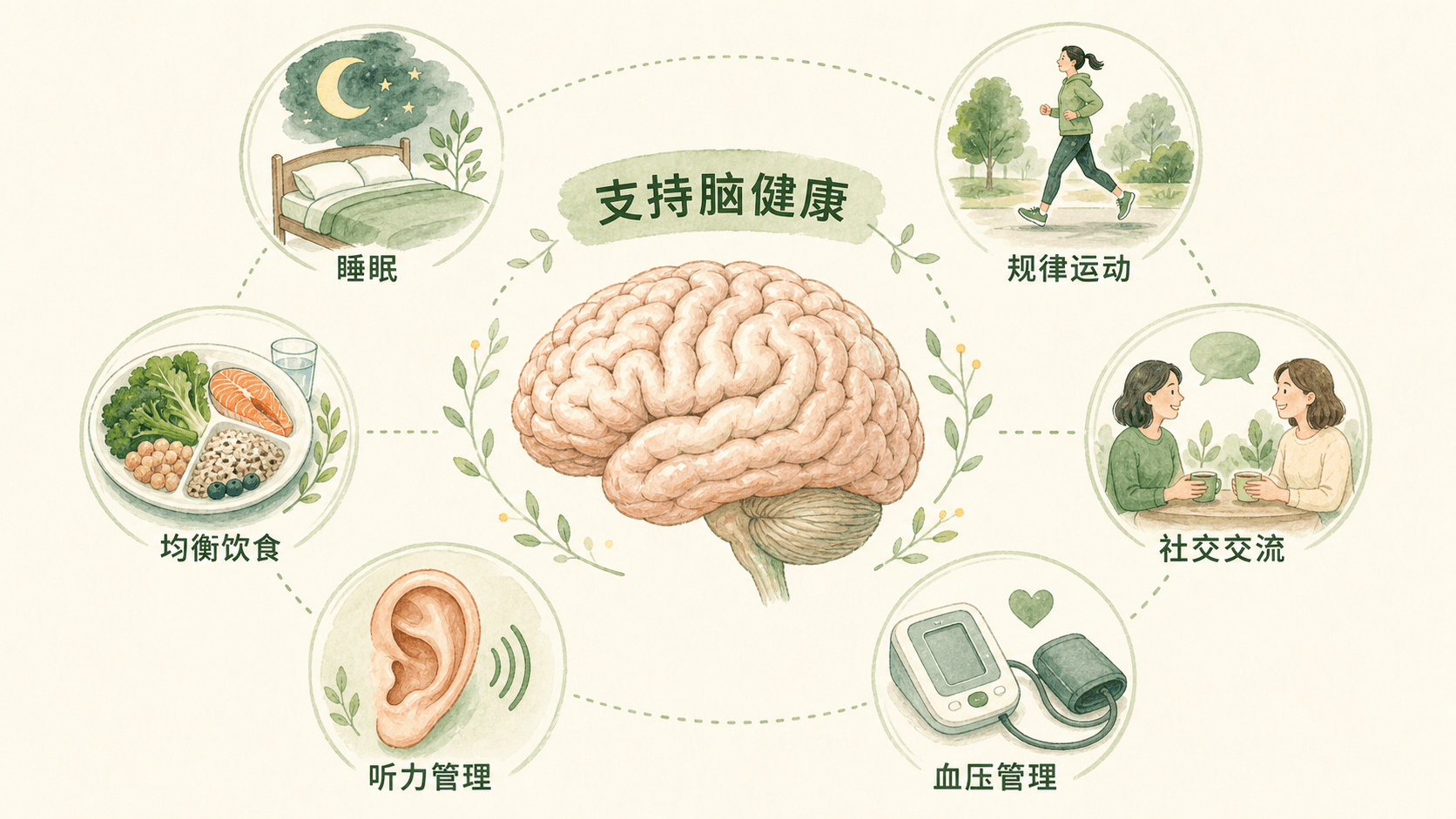 睡眠、运动、社交、饮食与听力和血压管理共同支持脑健康