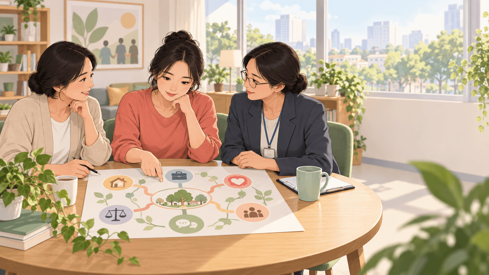 三位女性围绕住房、工作、健康、法律和社区资源平等讨论,呈现支持系统中的多因素评估