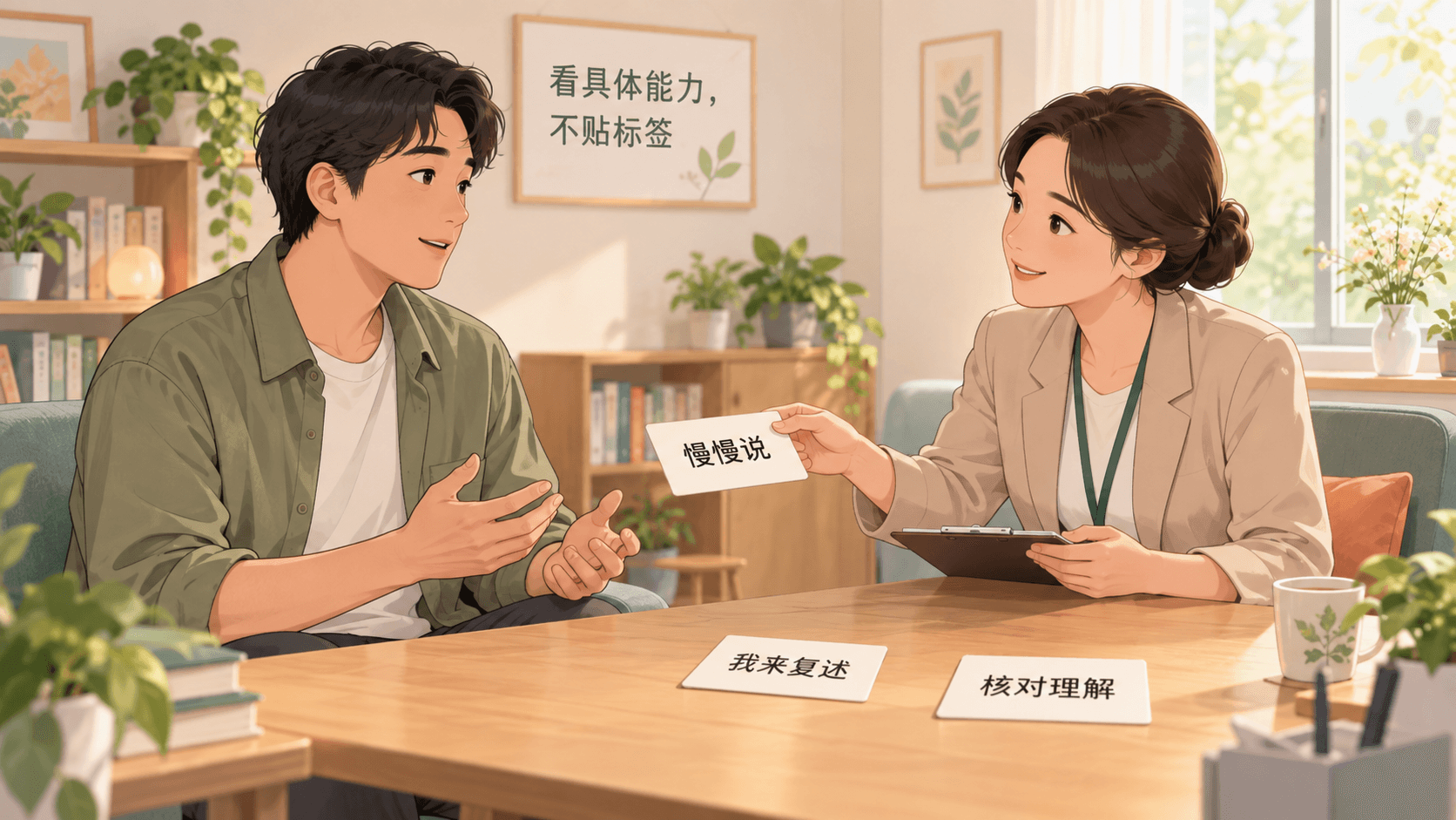 评估者以短句卡片协助成年当事人复述并核对理解,强调具体能力而非标签