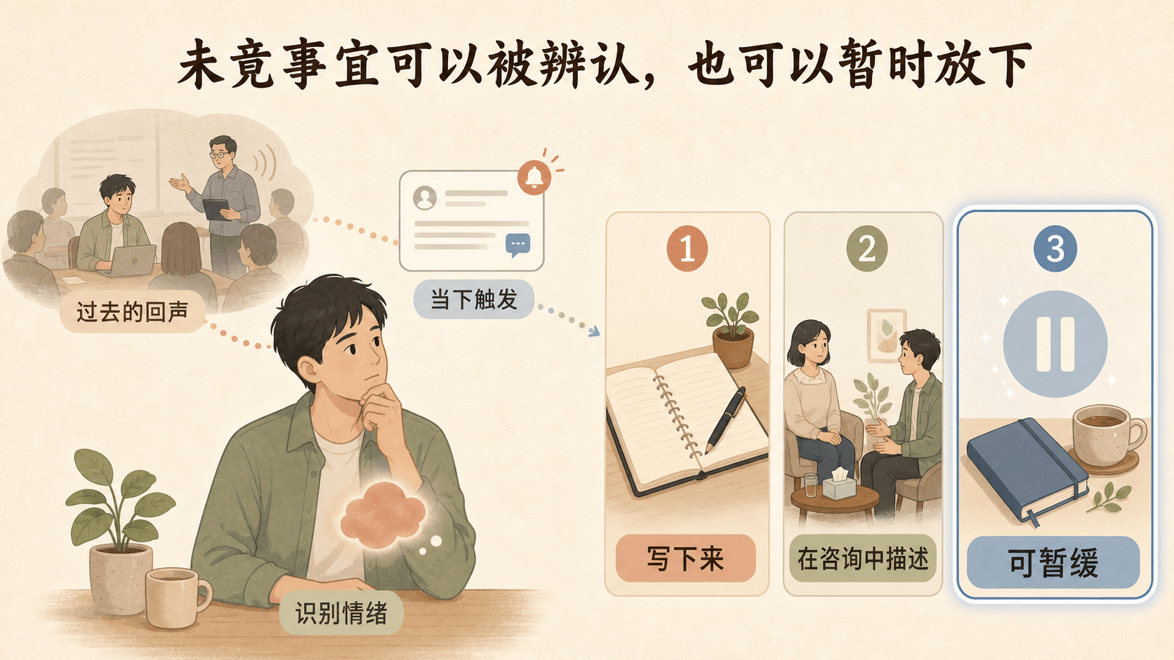 从过去公开批评的回声、当下触发和情绪辨认,到写下来、在咨询中描述或可暂缓三种安全选择的图解