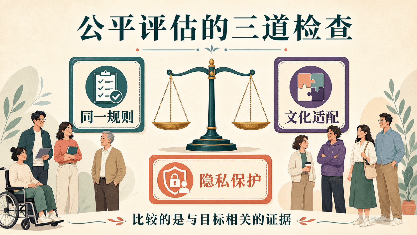 公平评估的三道检查:同一规则、文化适配与隐私保护