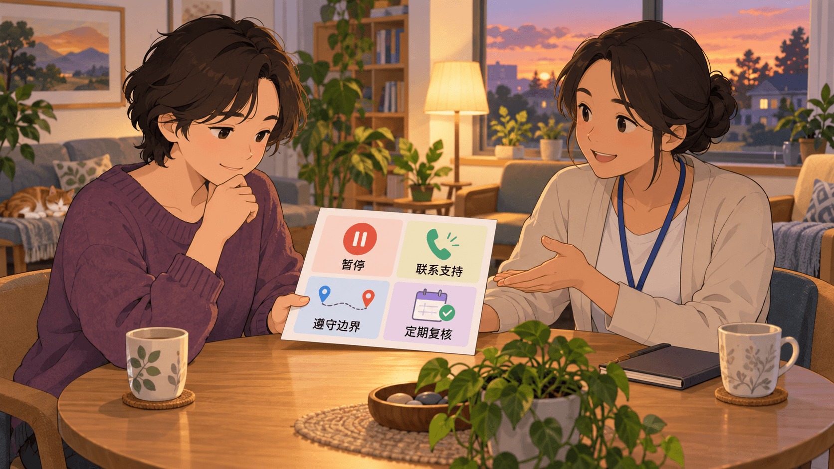 傍晚的社区支持场景中,一名成年人和支持人员在桌边查看安全计划卡,卡片提示暂停、联系支持、遵守边界与定期复核