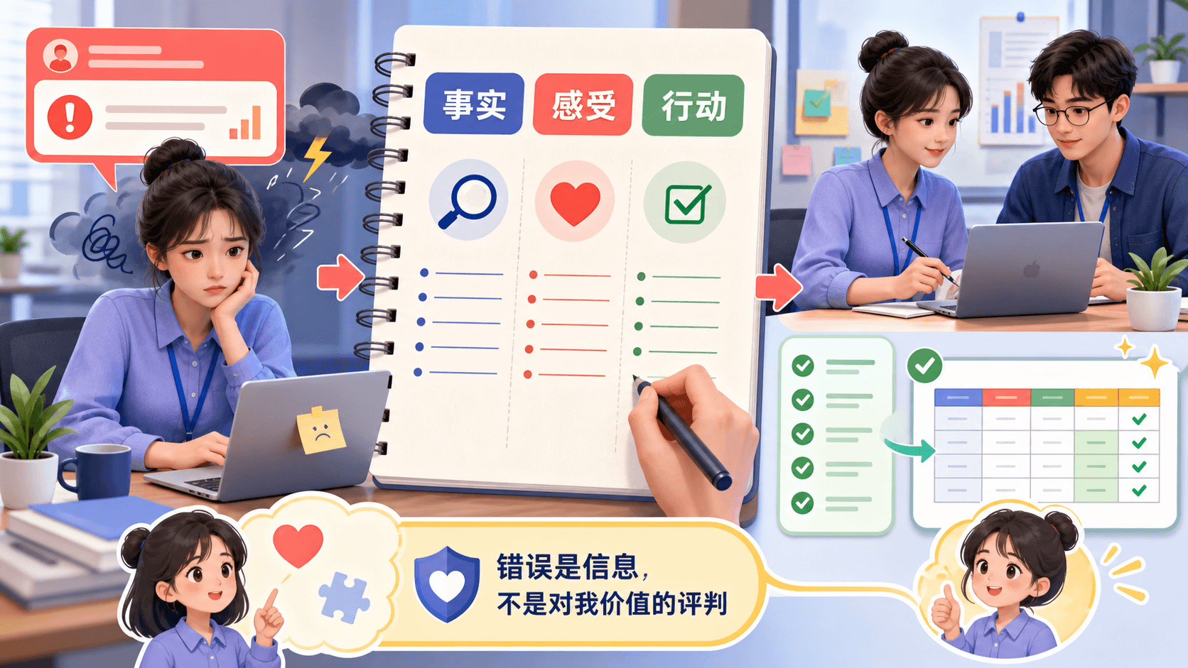 面对数据口径质疑,将评价转成事实、感受、行动三句复盘的彩色信息图