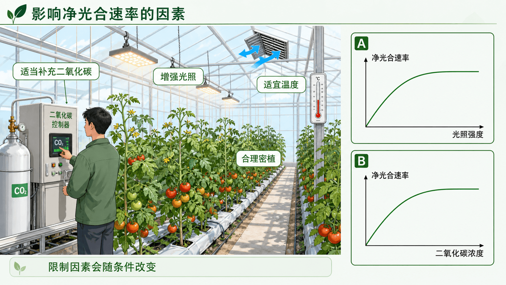 温室中光照、二氧化碳、温度和水分共同影响光合作用速率的示意图