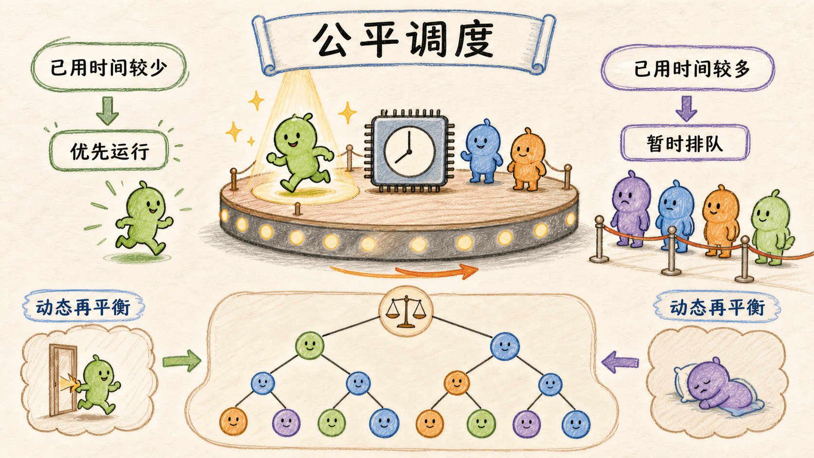 现代公平调度器根据任务已用时间选择和动态再平衡的示意图