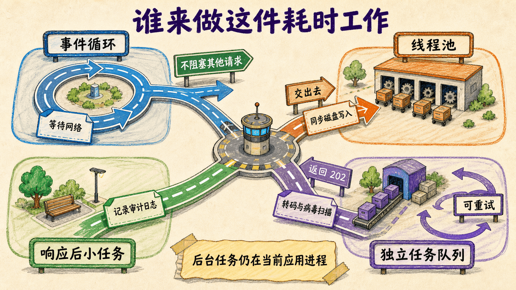 等待、同步写盘、小型后台任务与重型任务的执行边界