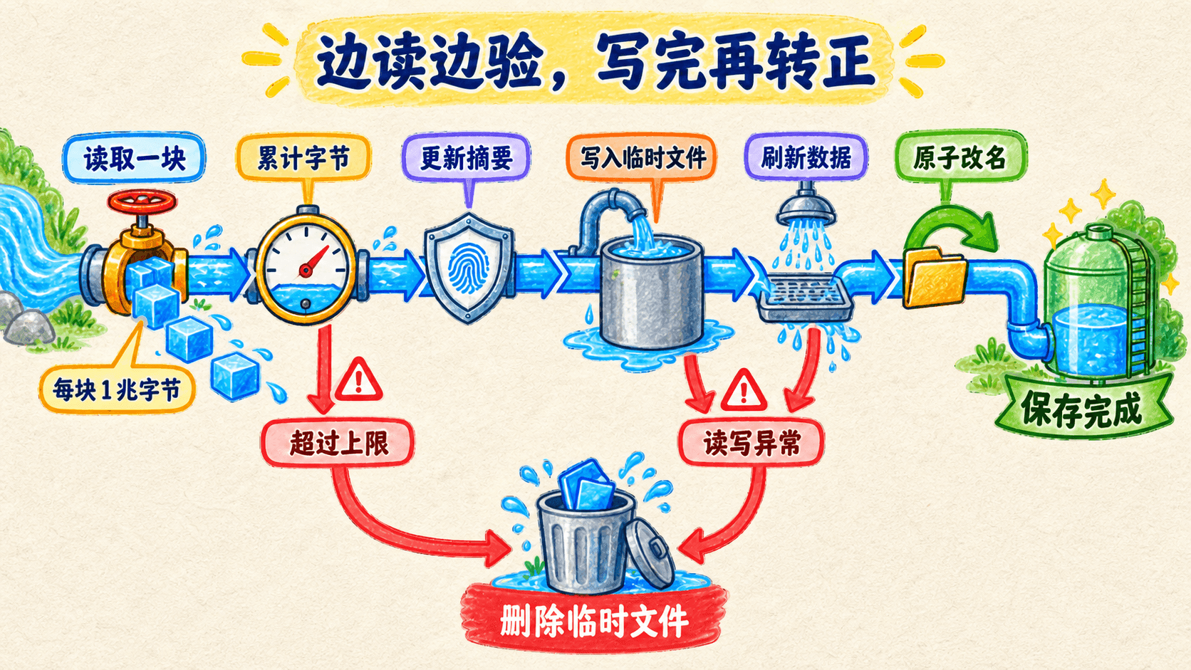 流式读取中同步计算大小和摘要,成功后原子改名,失败则删除临时文件