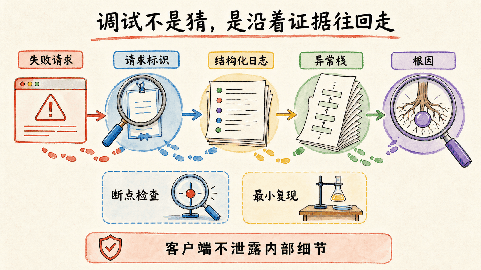 从失败请求开始,沿请求标识、结构化日志、异常栈追到根因,并用断点检查与最小复现辅助调查