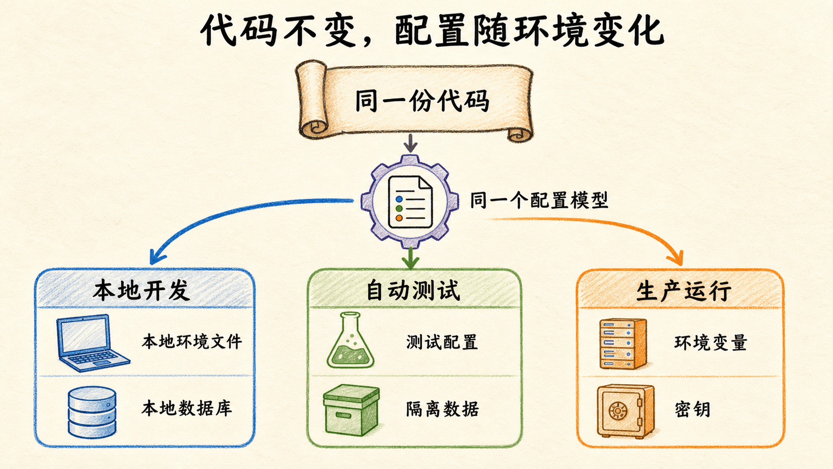 同一份代码通过同一个配置模型,在本地开发、自动测试和生产运行中接收各自的配置来源