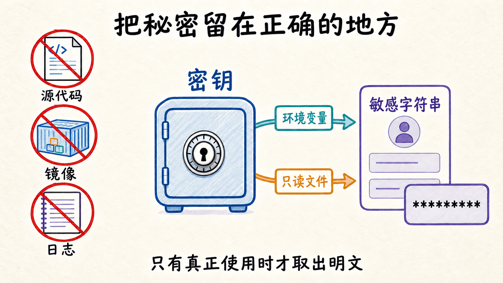 密钥不进入源代码、镜像和日志,通过环境变量或只读文件进入敏感字符串字段,展示时保持遮罩