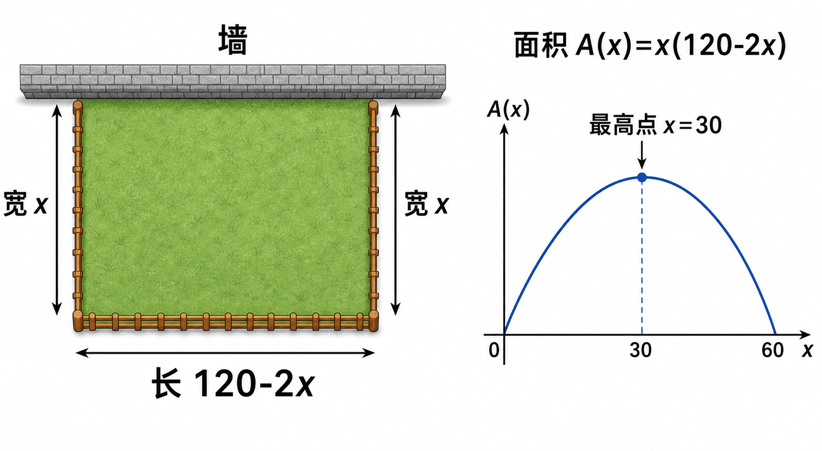 靠墙矩形花圃的围栏面积最大化示意图：三边围栏共120米，宽为x，长为120-2x，并配有面积函数抛物线，最高点在x=30。