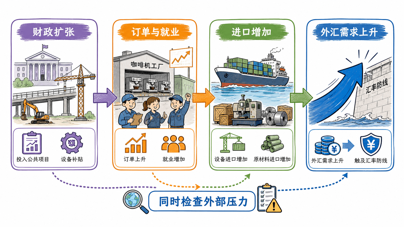 财政扩张并不只留在国内:订单、进口、外汇需求与汇率压力的传导链