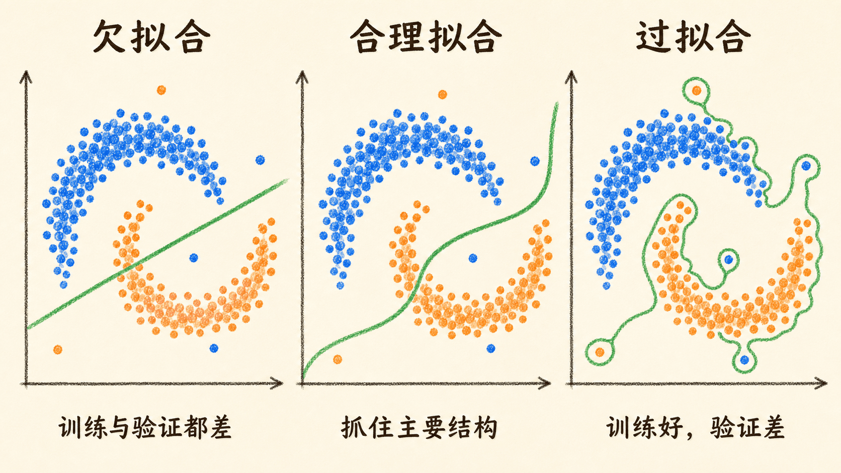 欠拟合、合理拟合与过拟合决策边界的诊断对比