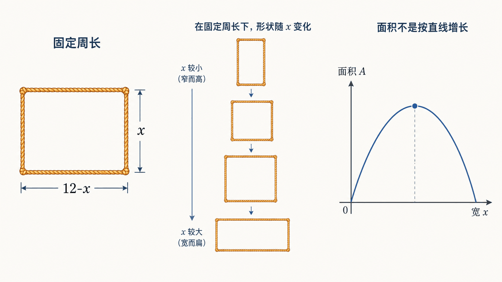 固定围栏长度下，长方形面积随一边长度变化形成二次函数。