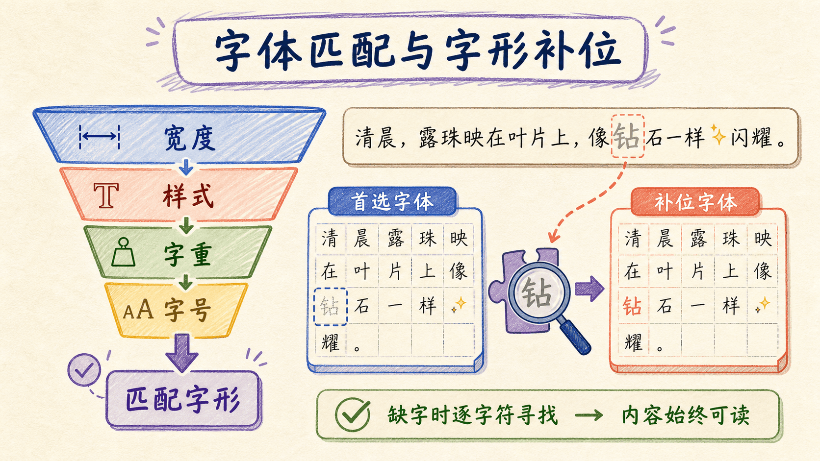 浏览器按宽度、样式、字重、字号匹配并为缺字寻找补位字体