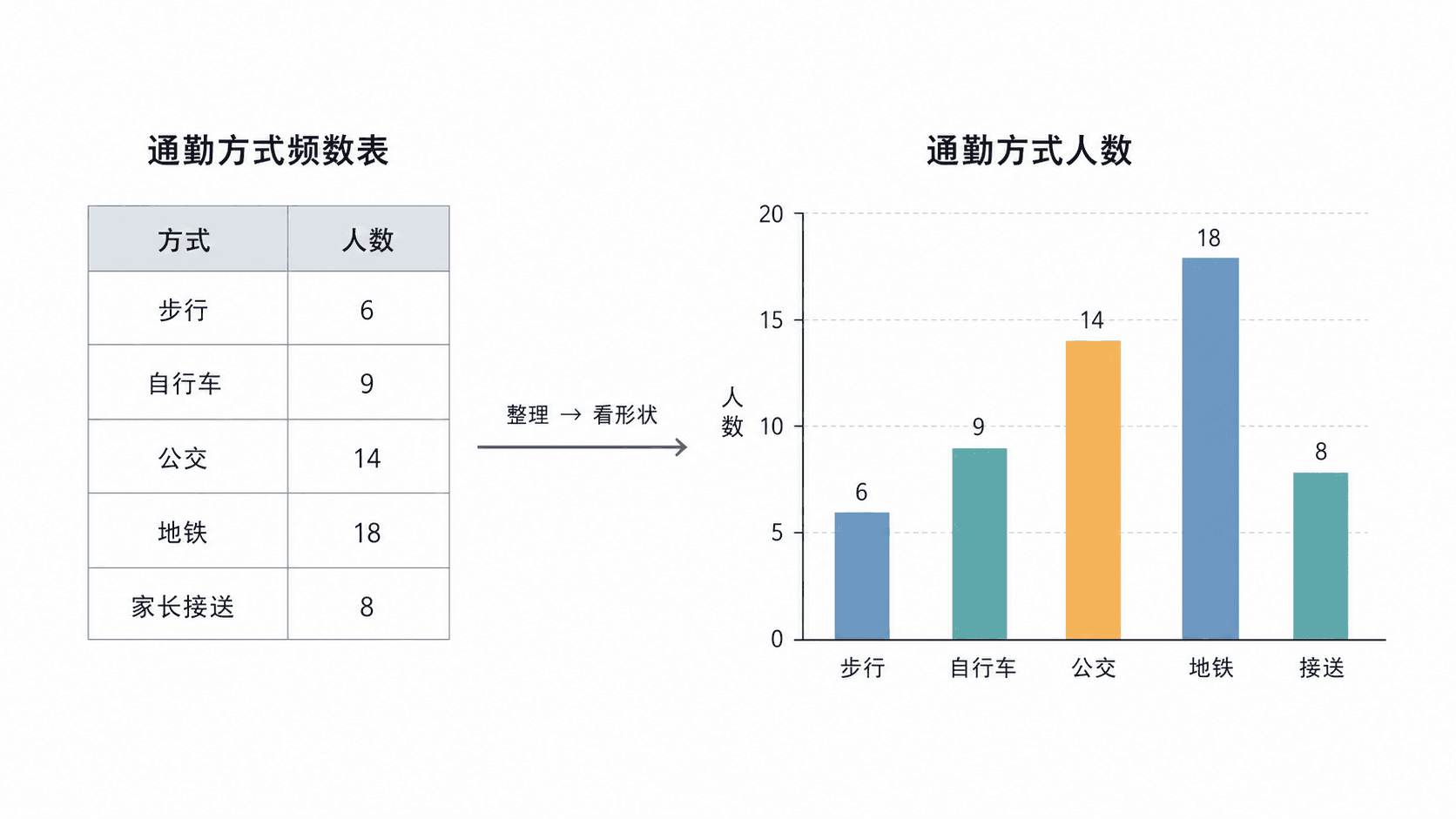 频数表通过箭头转换成对应条形图，展示不同通勤方式的人数分布。