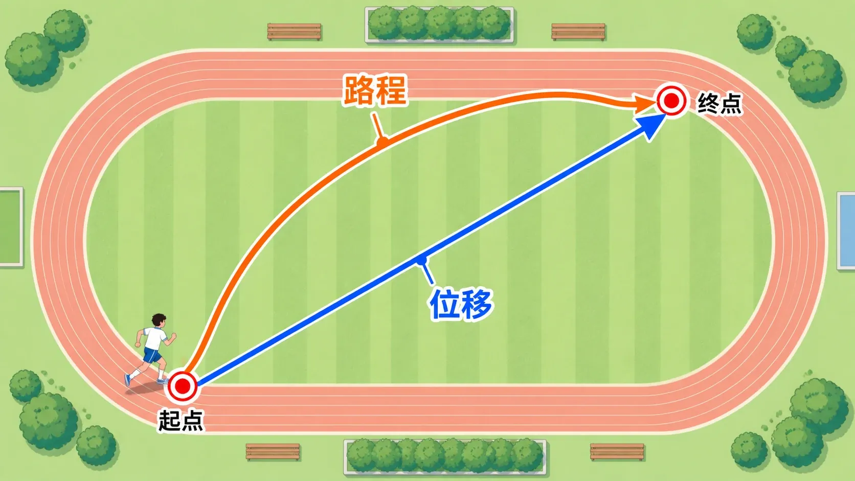 操场绕行的曲线路程与从起点直连终点的位移对照