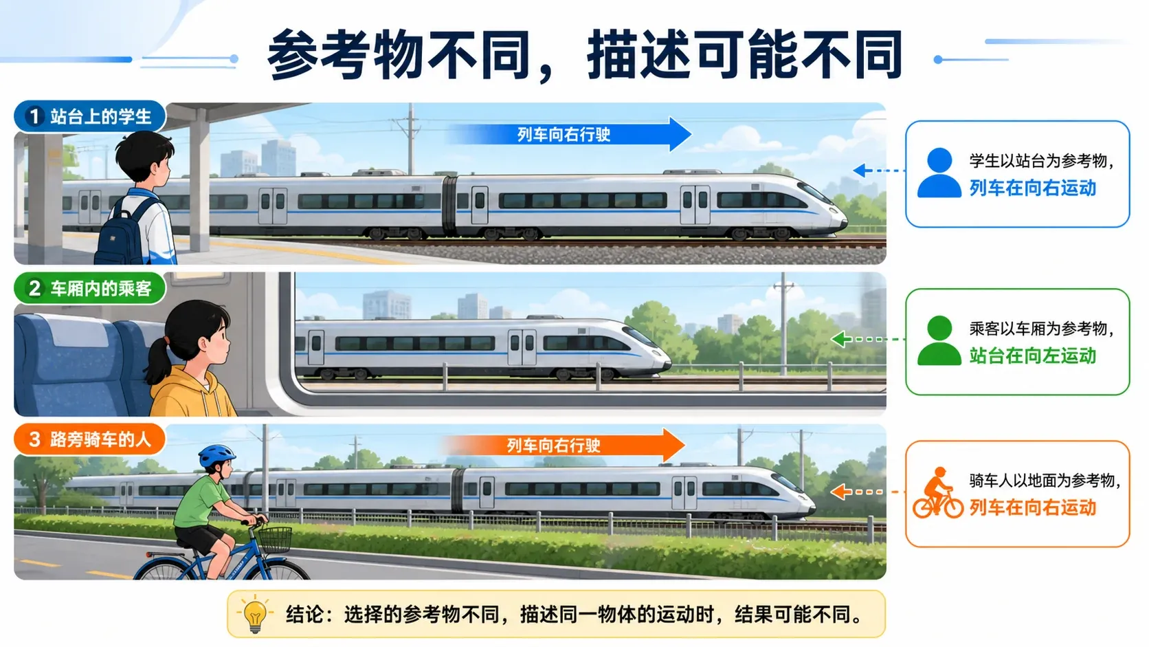 同一列车相对于站台、车厢和路旁观察者的不同描述
