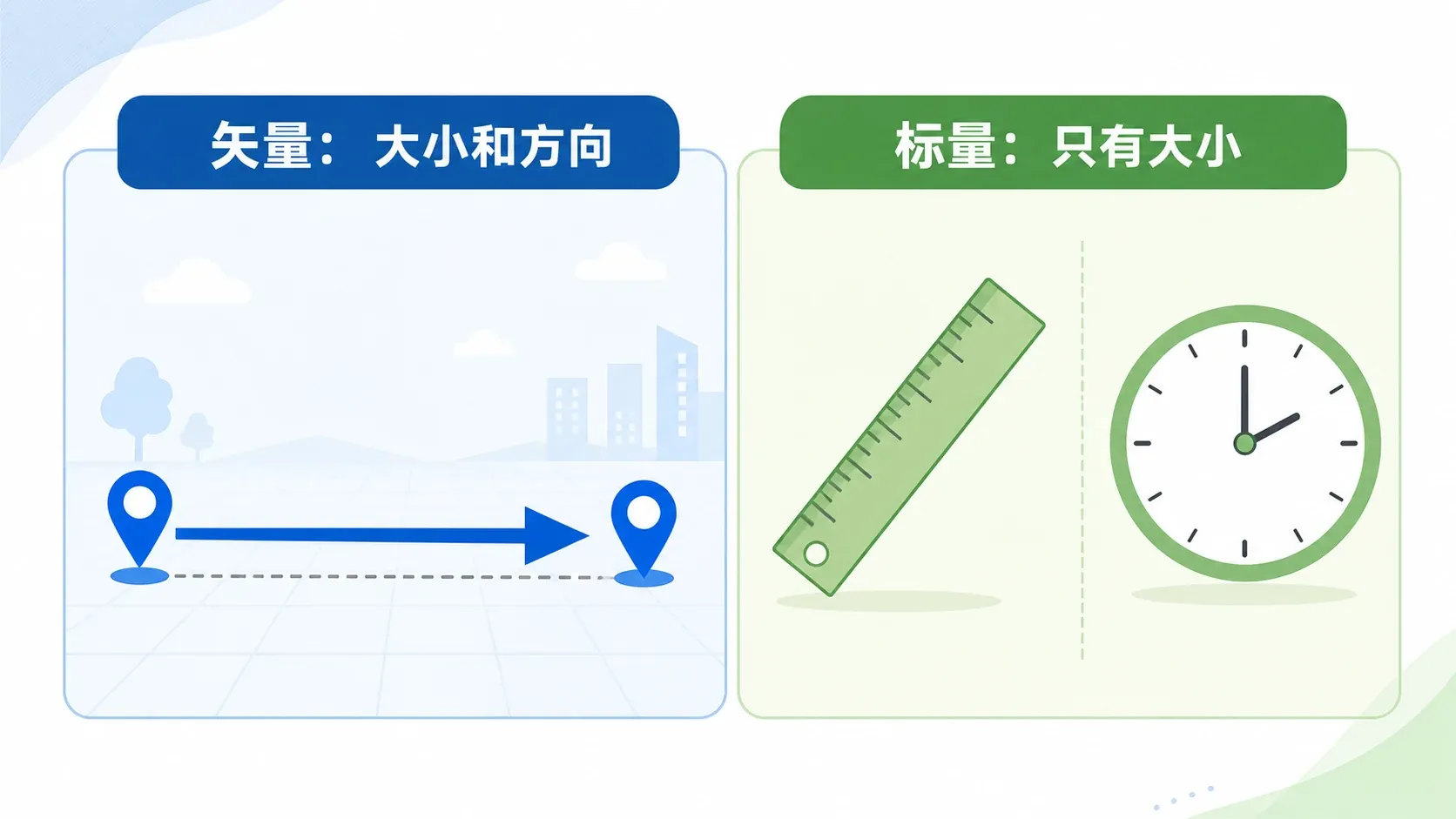 位移用带方向的箭头表示,路程和时间用只有大小的量表示