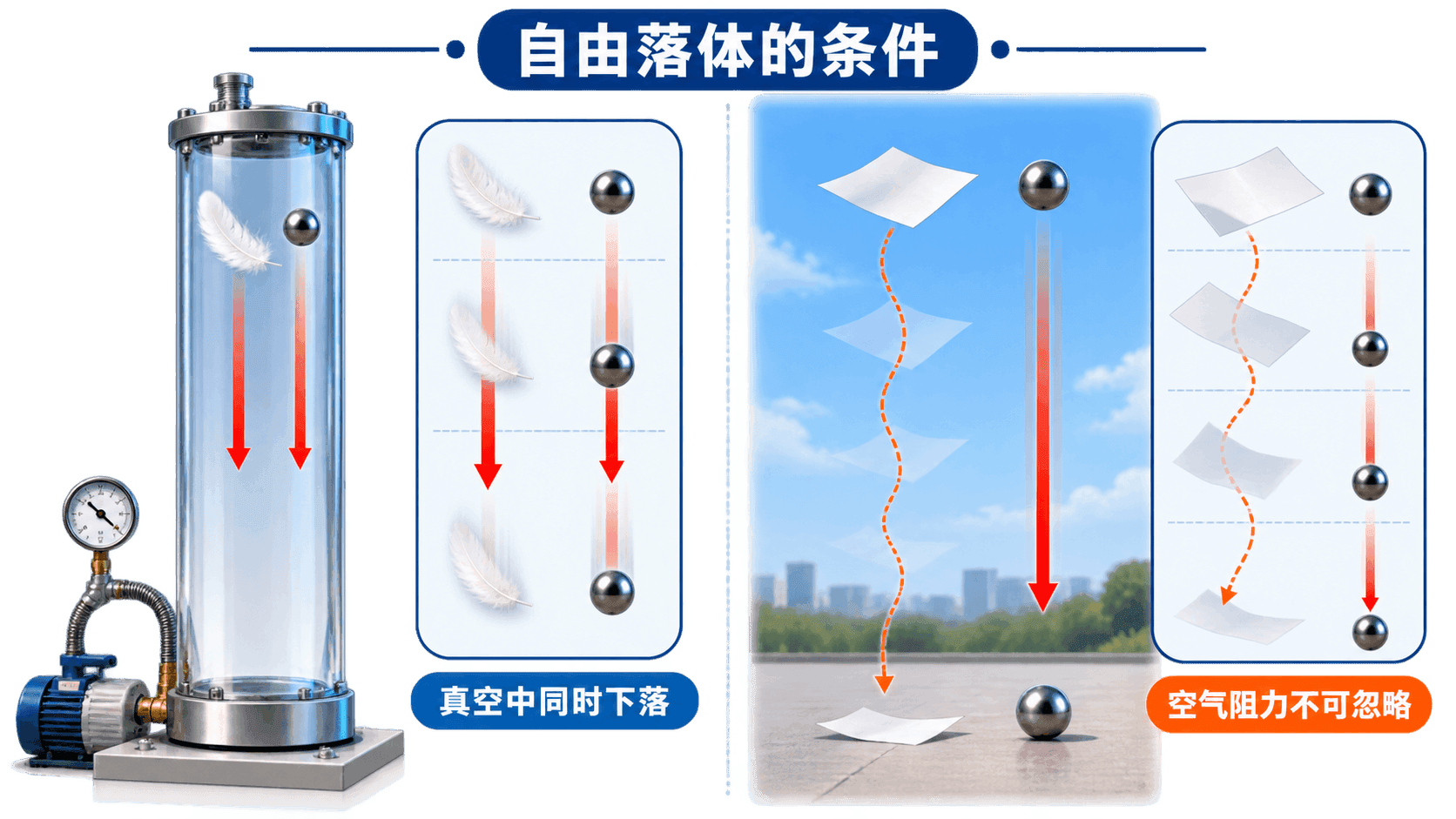 空气阻力会改变下落现象,只有阻力可忽略时才接近自由落体